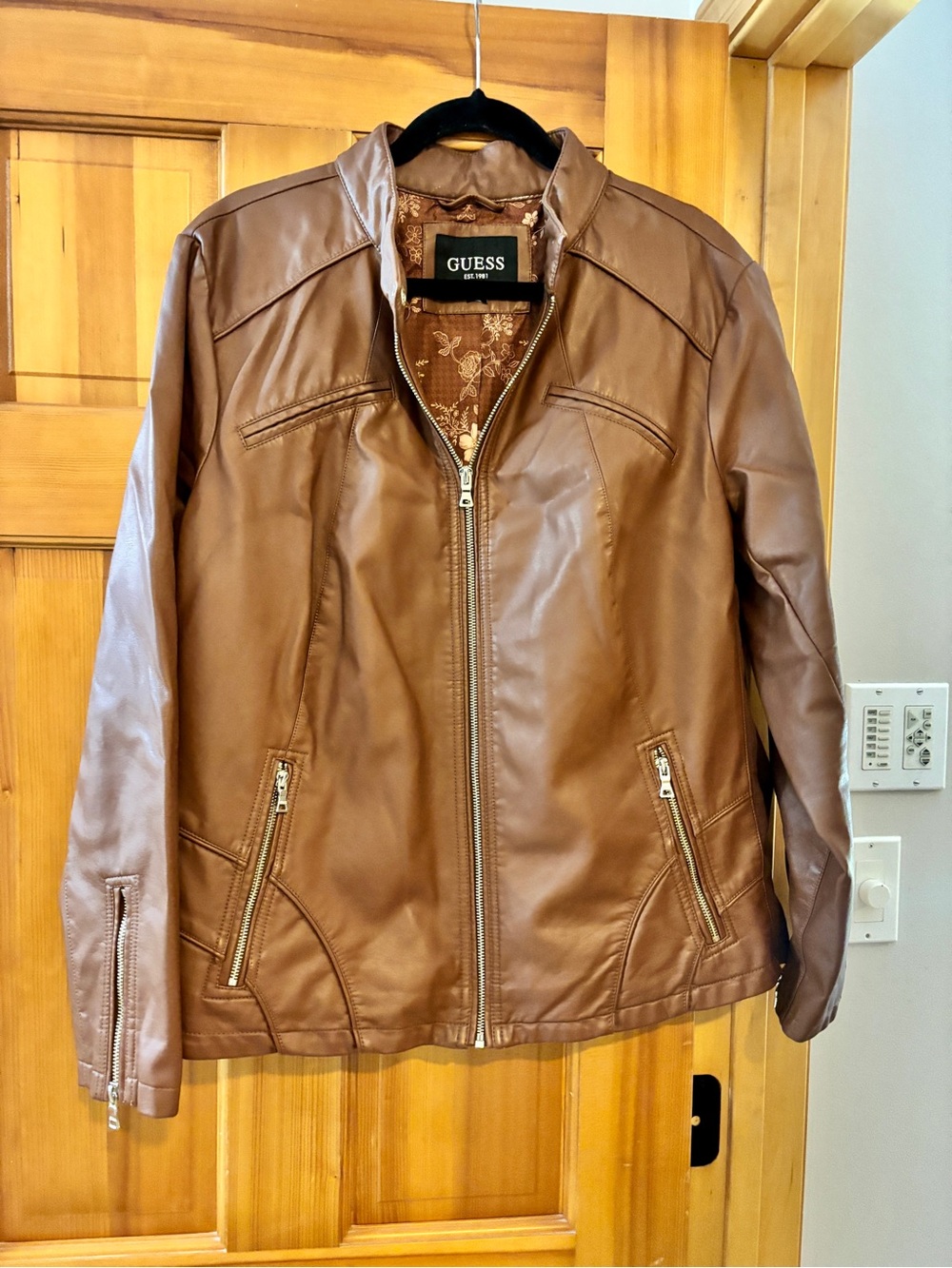 GUESS Women's Cognac Brown Faux Leather Zip-Front Bomber-Style Jacket 1X